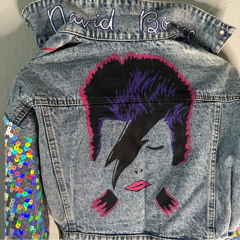 NWT Wren + Glory Hand Painted Bowie Denim Jacket Sequin Cropped Free People O/S - Picture 8 of 9